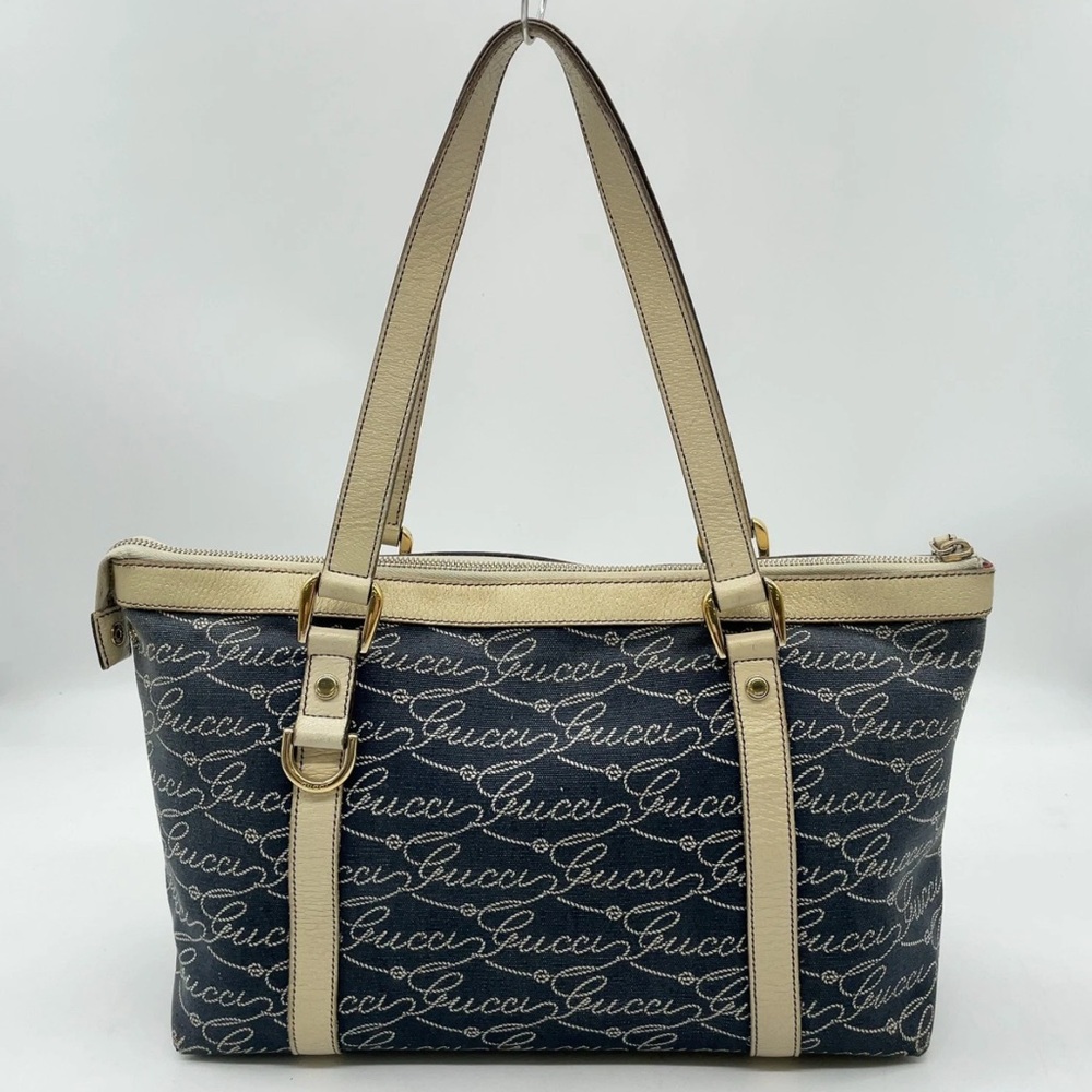Auth Gucci Alphabet Denim x Leather Navy x White Tote Bag